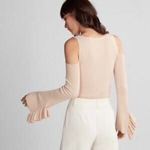 Express Cold Shoulder Ribbed V-Neck Bell Sleeve Sweater - Blush - size M